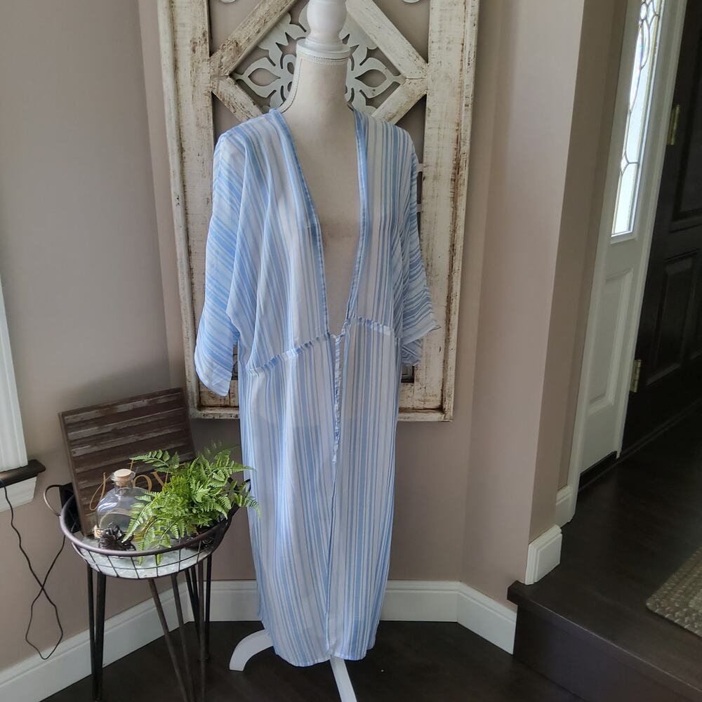 Very J Resort Sheer Stripe Tie Front Swimsuit Coverup Kimono Top in Blue & White